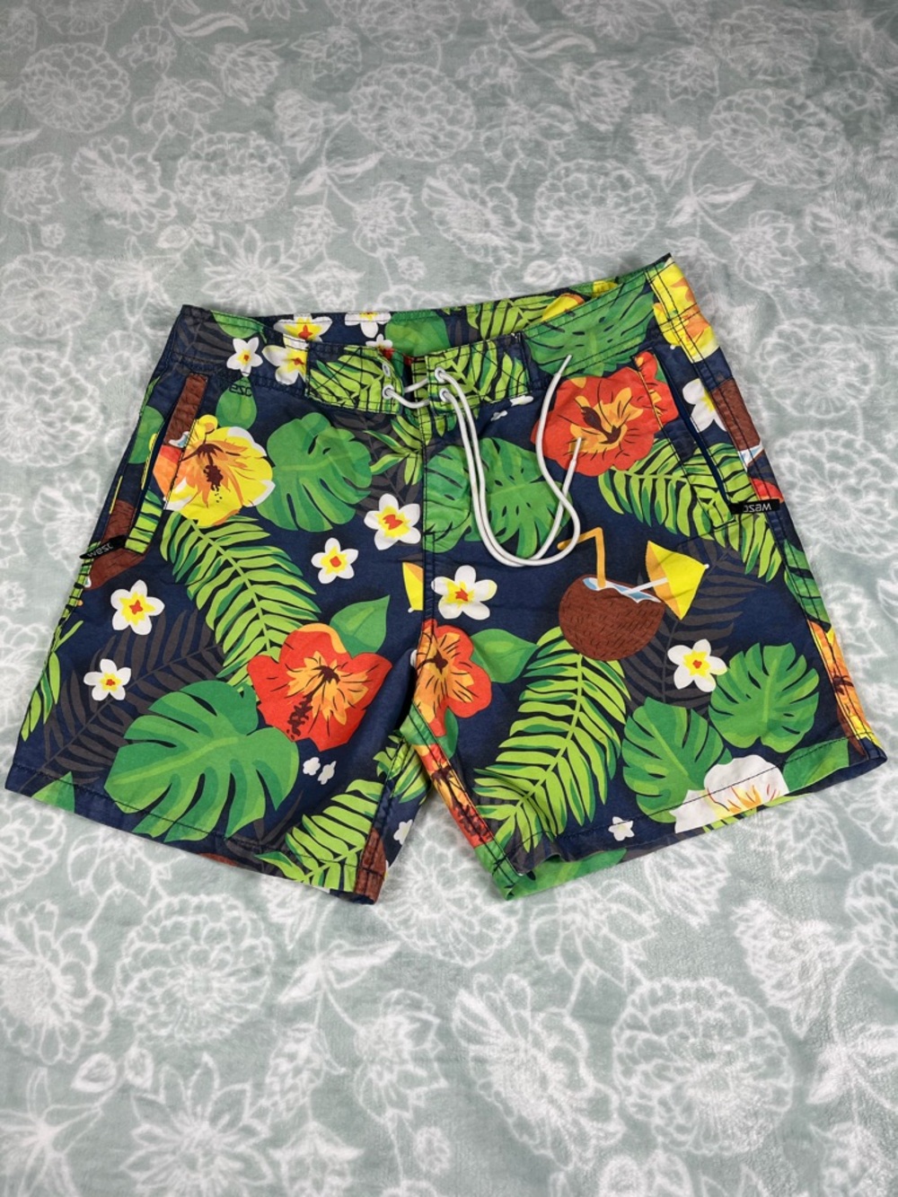 Wesc Navy Tropical Floral Swim Shorts with Green & Red Accents